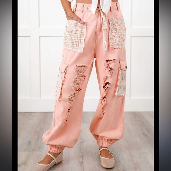 POL Pink Haze Distressed Crochet Denim Jogger Pants NWOT - Picture 1 of 5